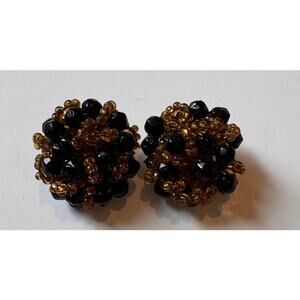 Vtg Stamped Alice Caviness Clip-On Earrings Beaded Cluster Black/Amber